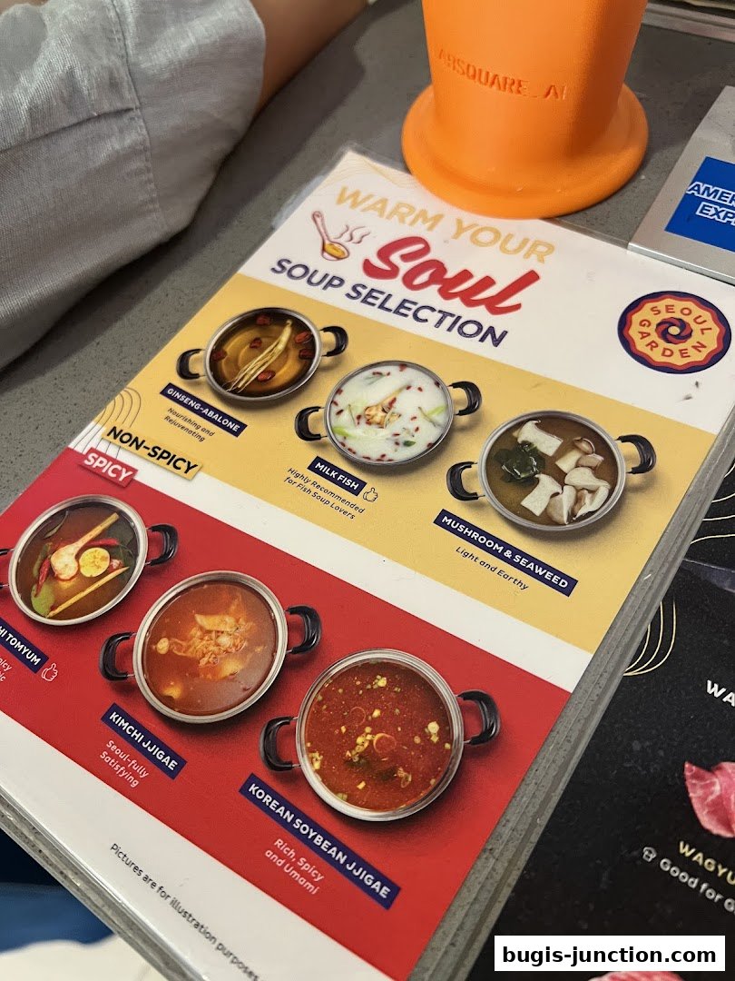 A menu showcasing various Korean soup selections from Seoul Garden.