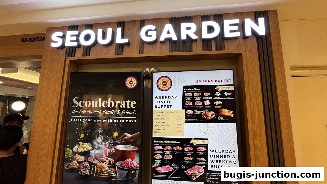 The entrance of Seoul Garden restaurant with a prominent sign and buffet information displayed.