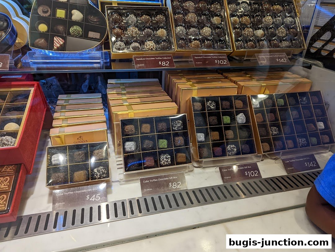A display case filled with various Godiva chocolate boxes and truffles.