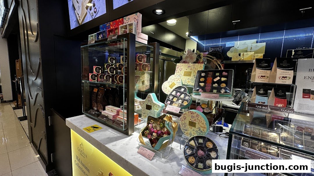 A display of Godiva chocolates in various gift boxes and packaging.