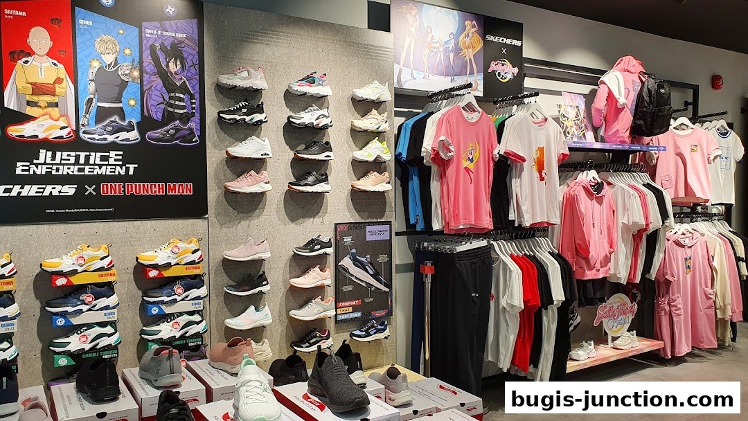 Skechers store interior showcasing One Punch Man and Sailor Moon collaborations with shoes and apparel.