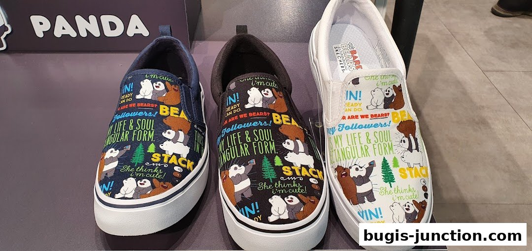 Three pairs of slip-on shoes featuring 'We Bare Bears' characters and playful text.