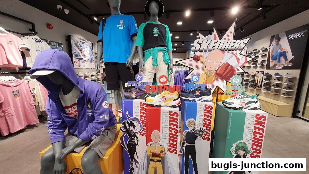 Skechers store display featuring One-Punch Man collaboration with shoes and apparel on mannequins.