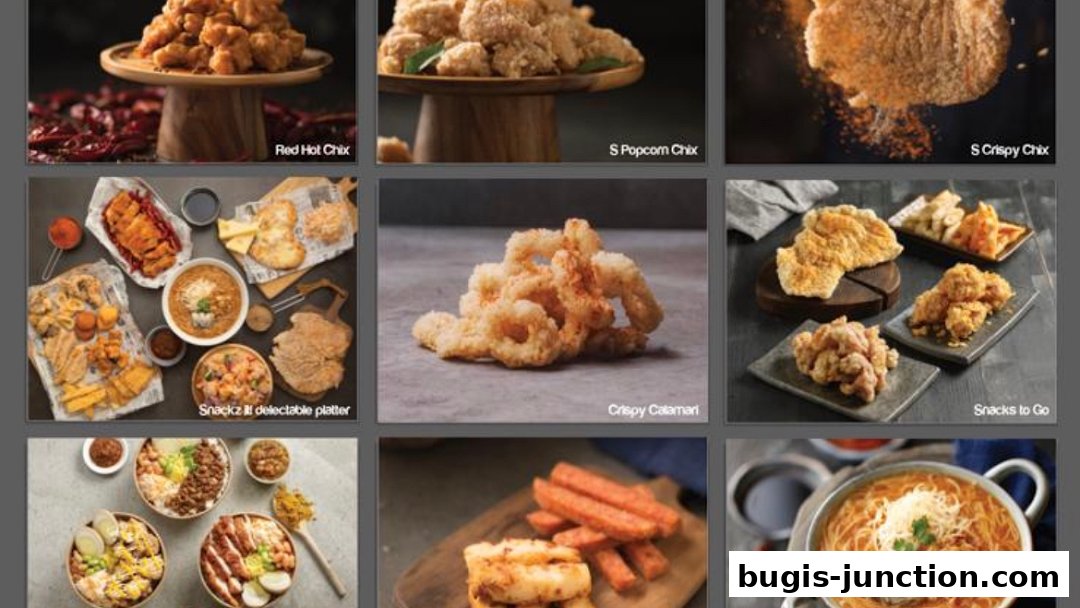 A collage of various fried snacks and dishes, including chicken, calamari, and bowls.