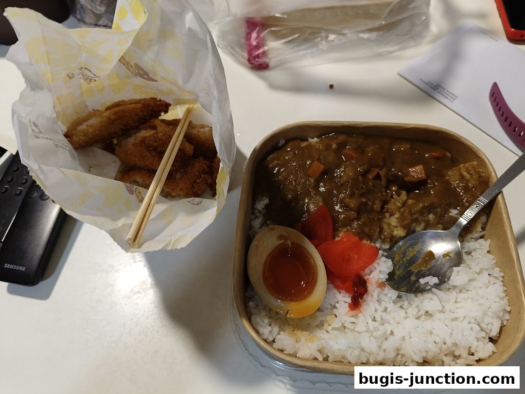 A bento box with rice, curry, and a soft-boiled egg, next to fried chicken in a paper bag.