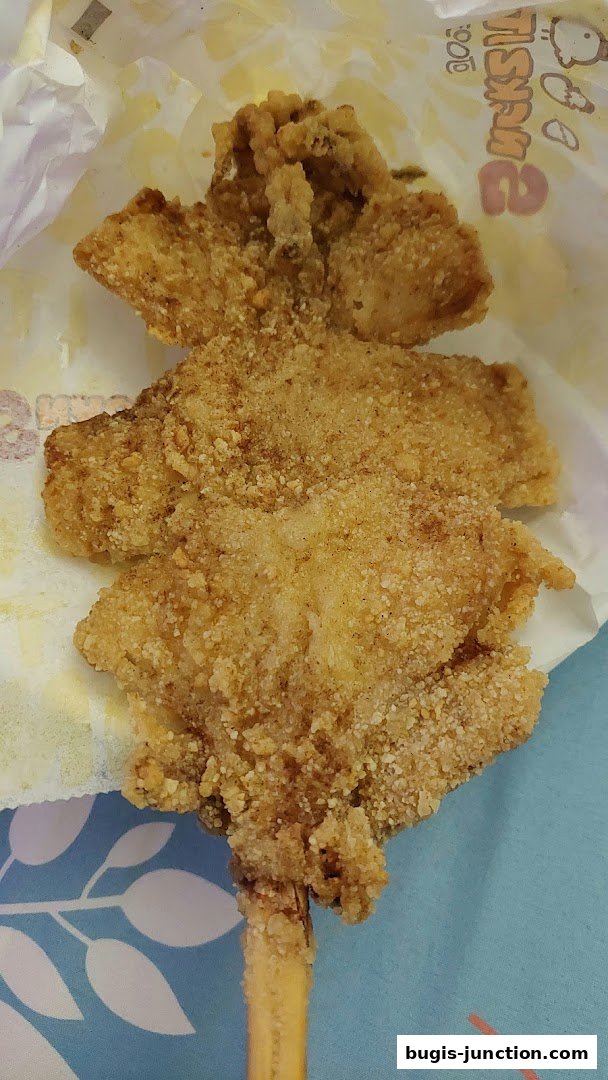 A close-up shot of a crispy, golden-brown fried chicken skewer from Snackz It!