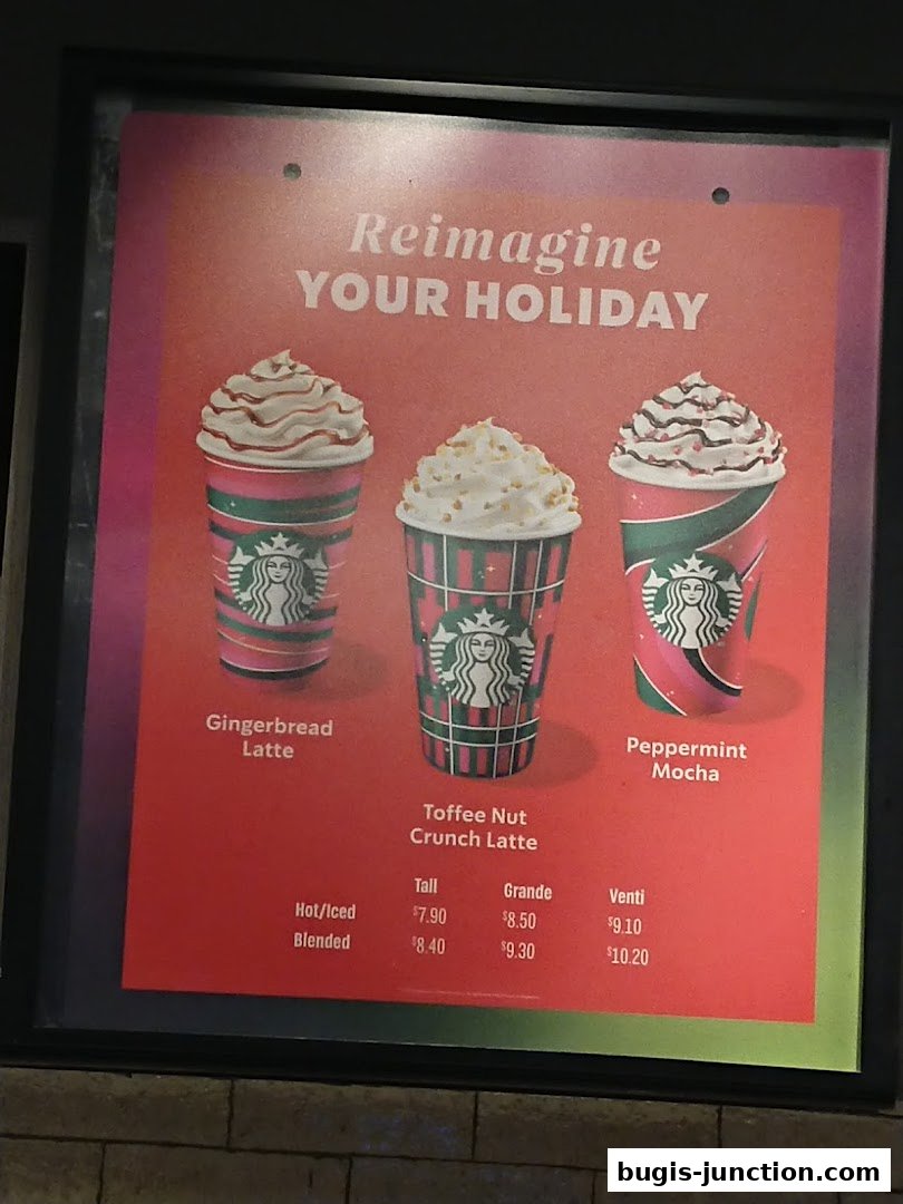 Starbucks holiday menu featuring three festive drinks with prices.