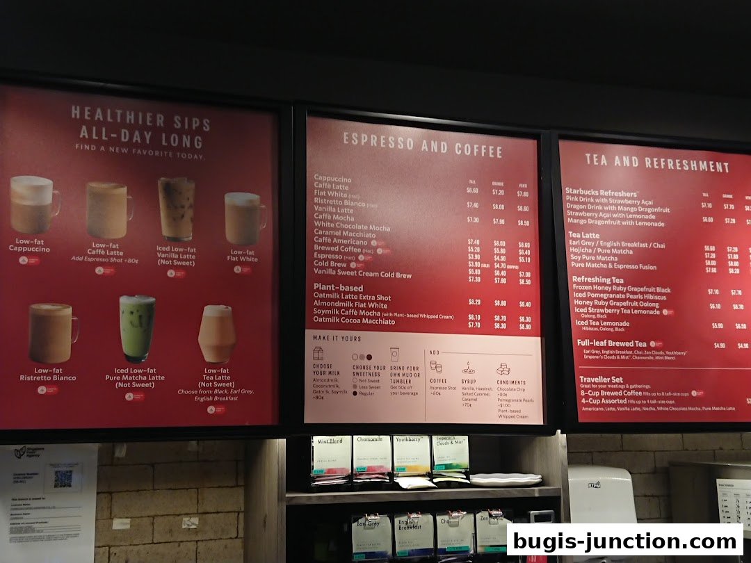A Starbucks menu displaying various espresso, coffee, tea, and refreshment options with prices.
