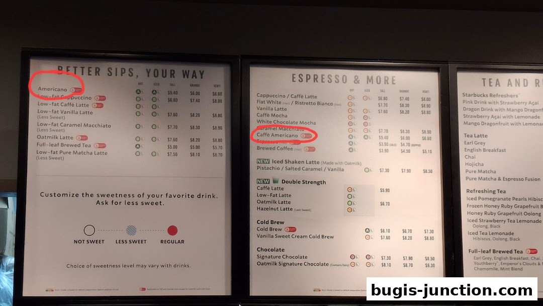 A menu board displaying various Starbucks coffee and tea drinks with prices.