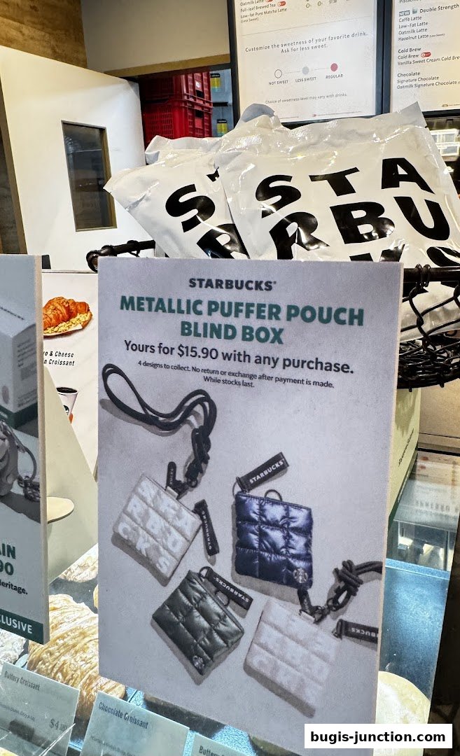 Starbucks promotion for a metallic puffer pouch blind box with four designs.