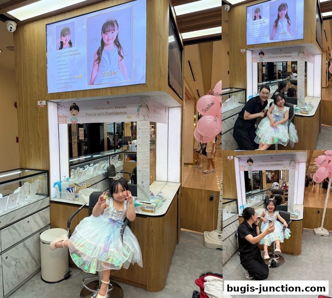 A young girl in a sparkly dress poses at an ear piercing and jewelry shop.