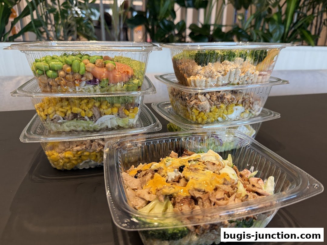Several takeaway salad bowls filled with fresh ingredients are stacked on a table.