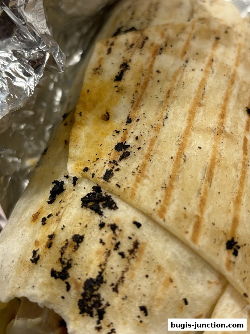 Close-up of a grilled wrap with char marks and foil packaging.