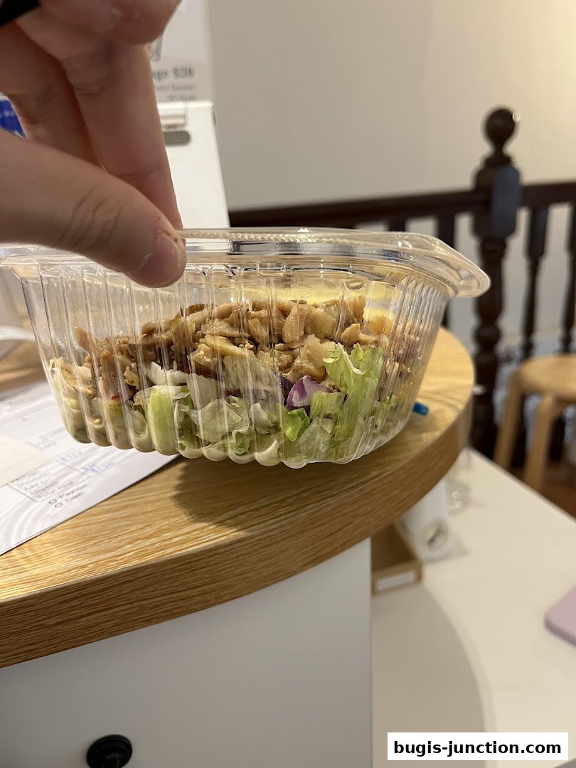 A hand holds a clear plastic container filled with a salad topped with shredded chicken.