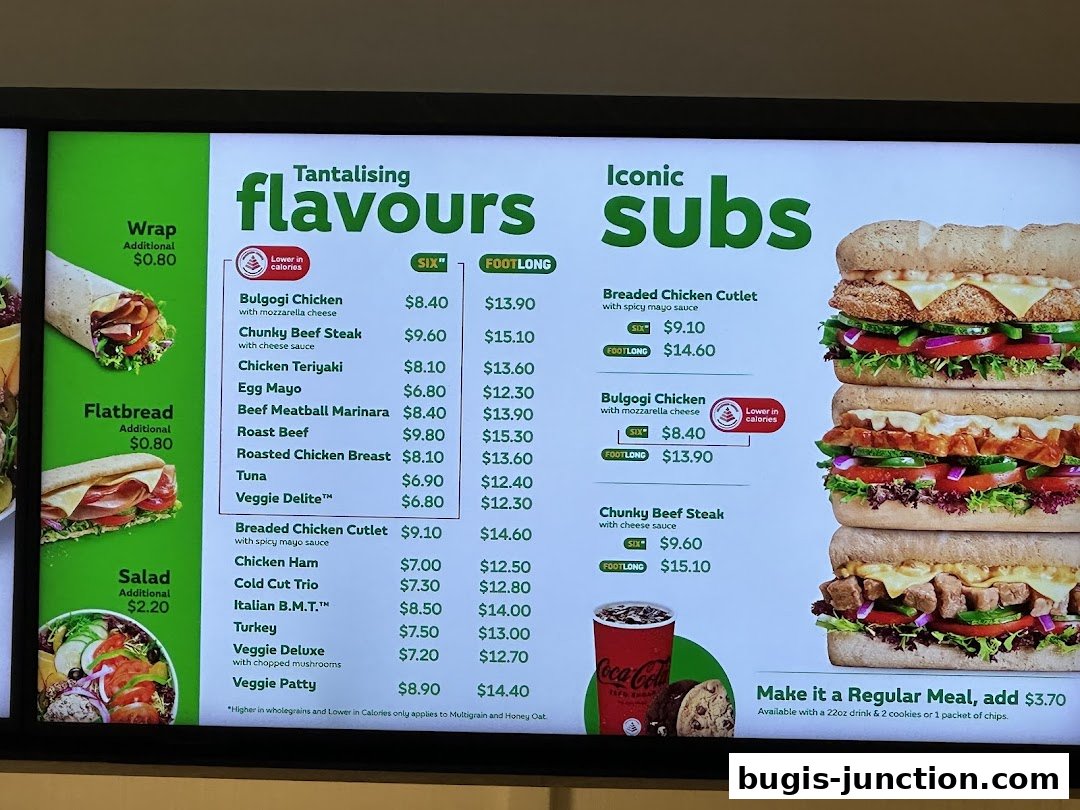 A Subway menu displaying various sub options, wraps, flatbreads, and salads with prices.