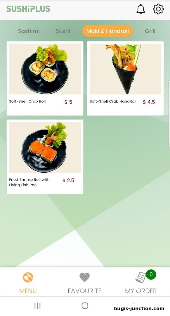 A mobile app screen displaying various sushi rolls and handrolls with prices.