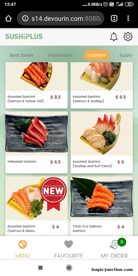 A mobile screen displaying various sashimi dishes with prices from Sushi Plus.