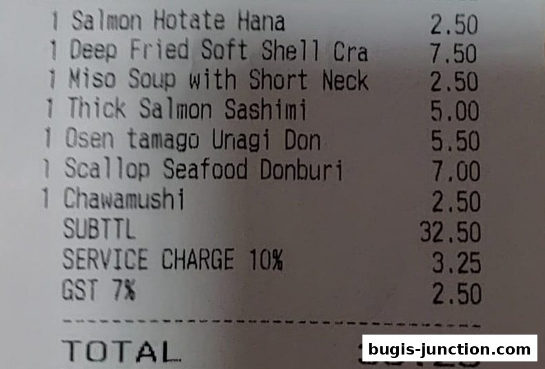 A receipt from Sushi Plus showing a list of Japanese food items and their prices.