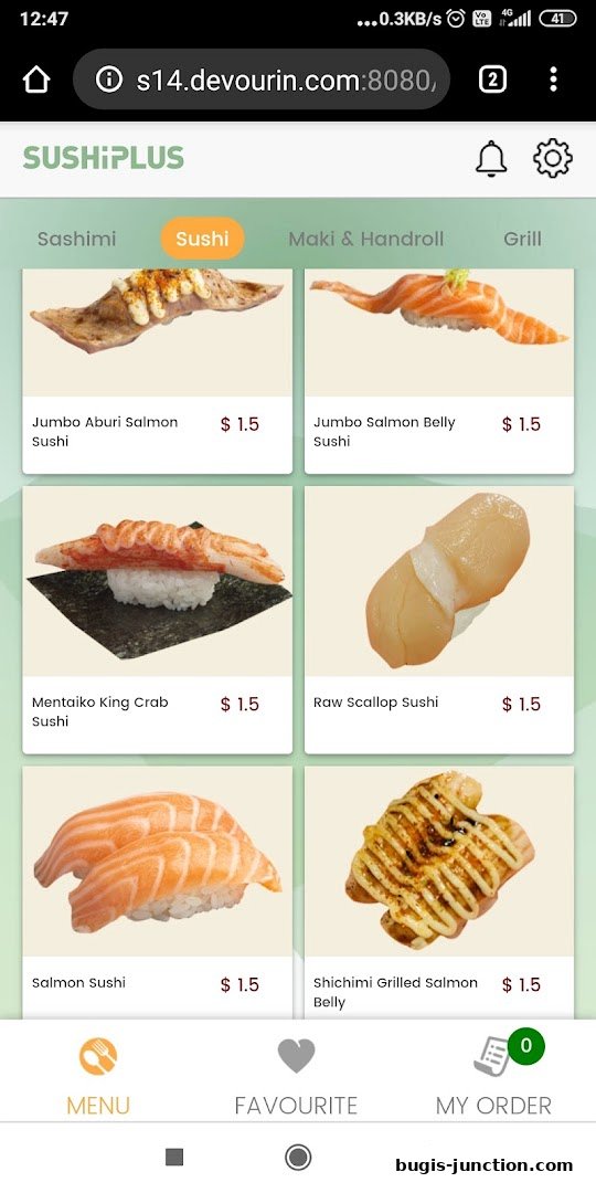 A display of various sushi items with prices from Sushi Plus.