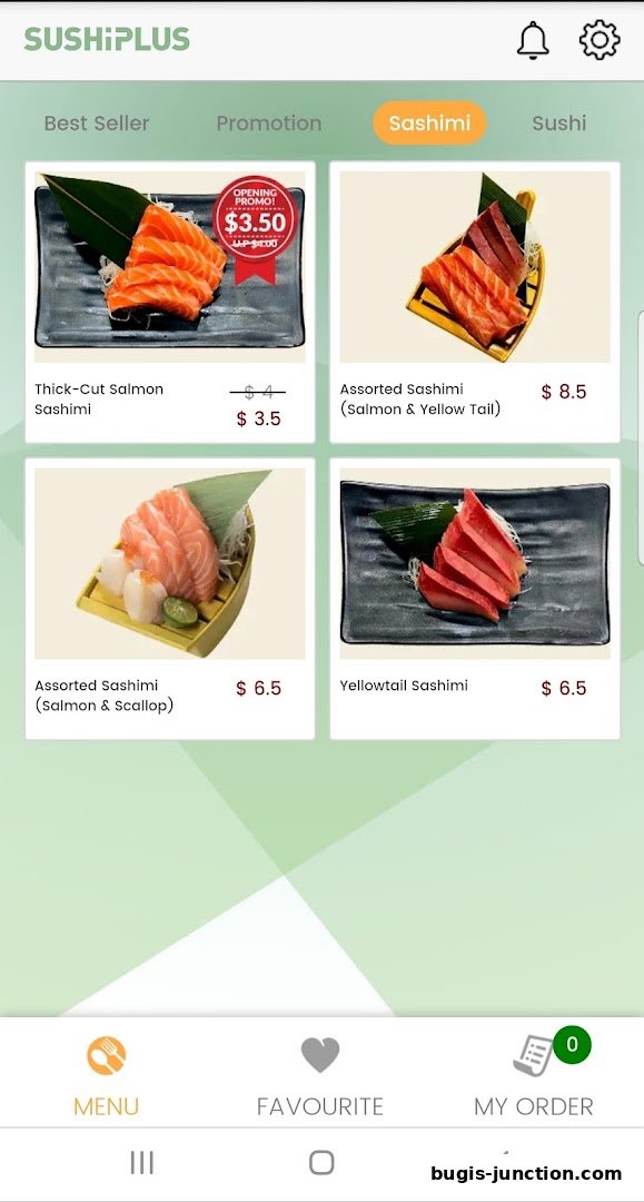 A mobile app screen displaying various sashimi dishes with prices and descriptions.