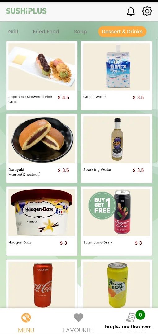 A digital menu showcasing various desserts and drinks from Sushi Plus.