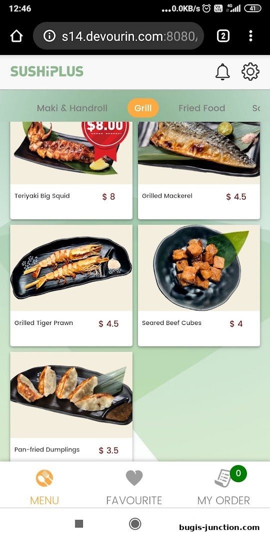 A mobile screen displaying a menu of grilled Japanese dishes from Sushi Plus.