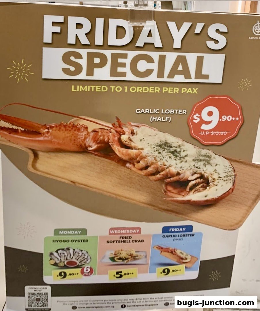 A promotional poster for Sushi Plus featuring weekly specials including lobster, oysters, and softshell crab.