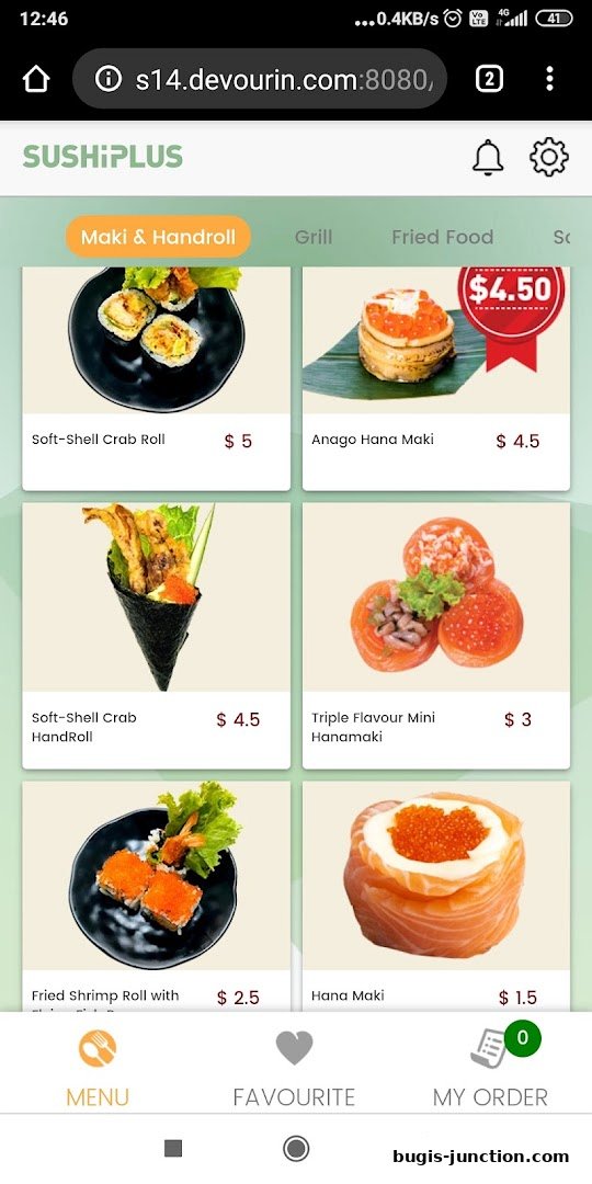 A mobile screen displaying various sushi items with prices from Sushi Plus.