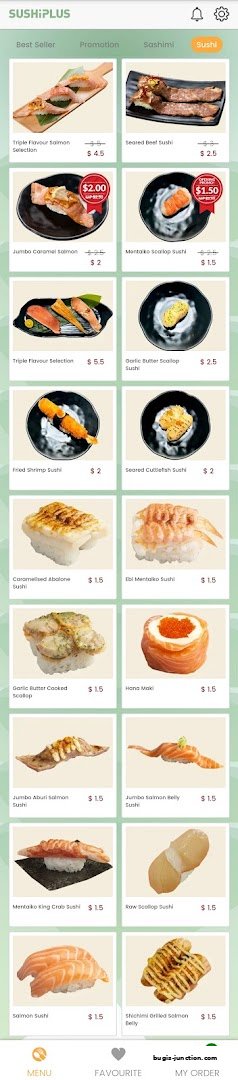 A display of various sushi dishes with their names and prices.