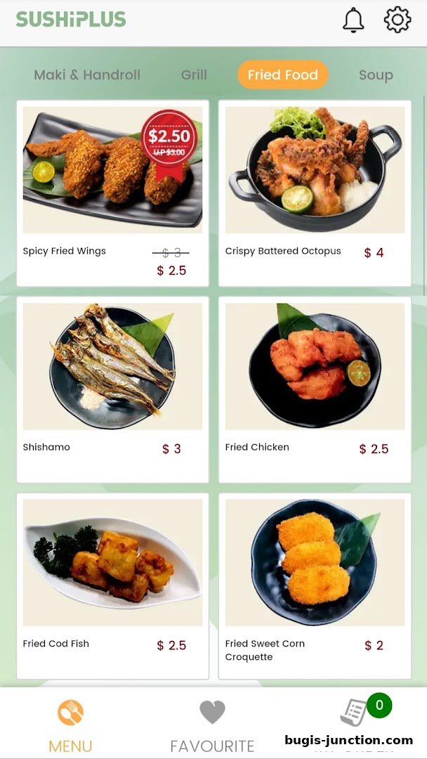 A display of various fried food items offered at Sushi Plus, including prices.