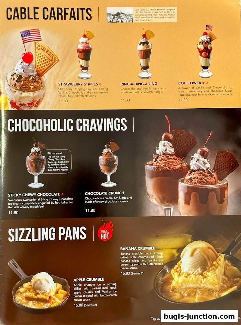 A menu featuring ice cream desserts like Cable Carfaits, Chocoholic Cravings, and Sizzling Pans.