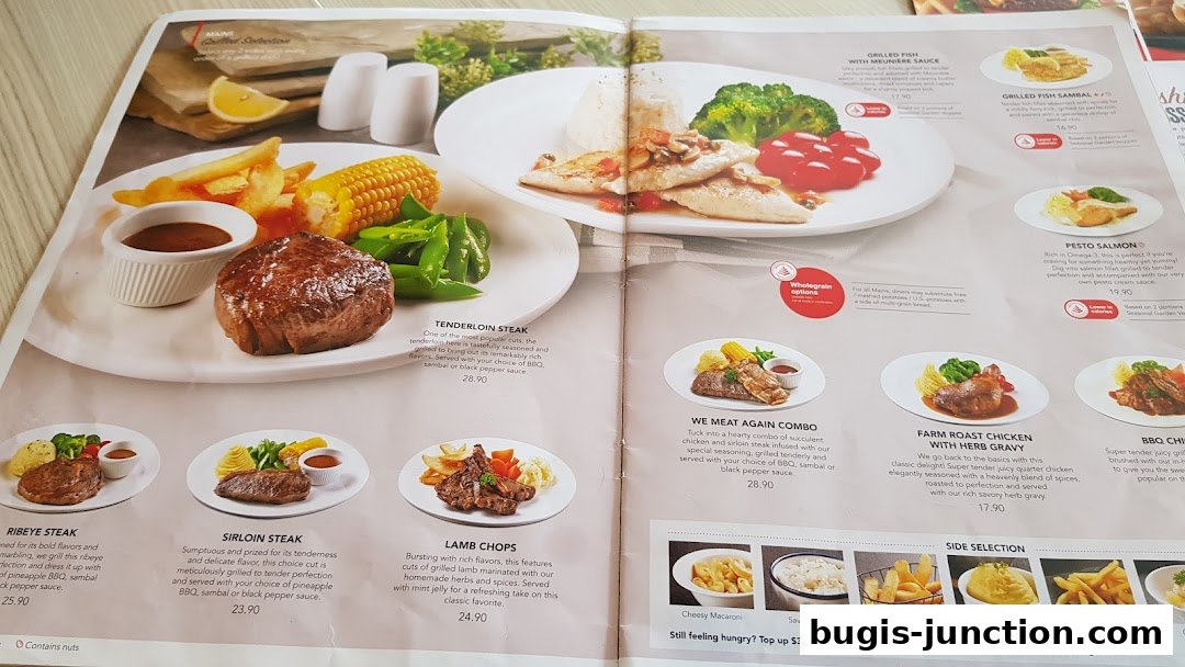 A menu from Swensen's featuring various steak, chicken, and fish dishes with side selections.