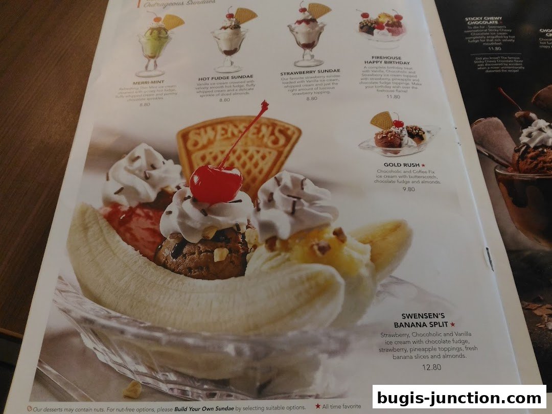 A menu page showcasing various ice cream sundaes and a banana split from Swensen's.