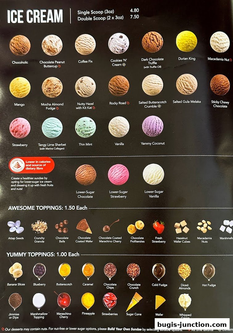 A menu showcasing various ice cream flavors and toppings with prices.