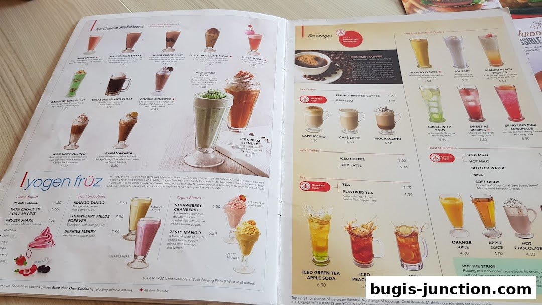 A menu featuring various ice cream, beverages, and yogurt drinks with prices and descriptions.