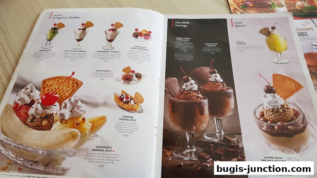 A menu from Swensen's featuring various ice cream sundaes and desserts.