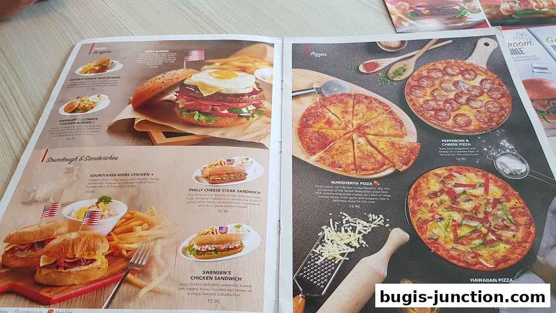 A menu featuring burgers, sandwiches, and pizzas with appetizing images and descriptions.