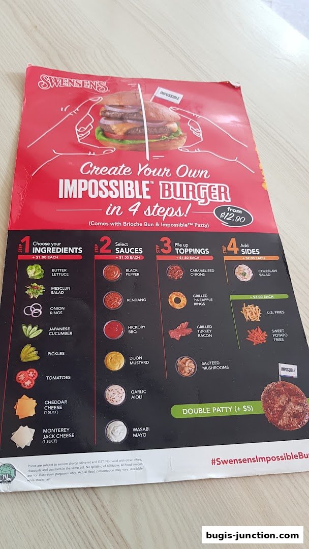 A menu from Swensen's showcasing how to create your own Impossible Burger in 4 steps.