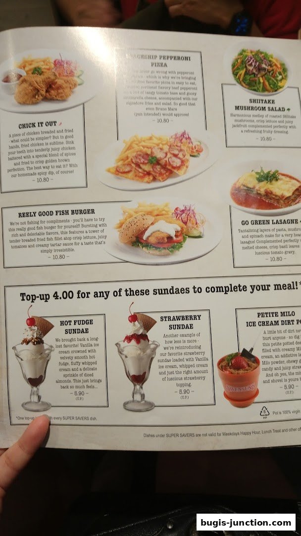 A menu page from Swensen's featuring various dishes and sundaes.