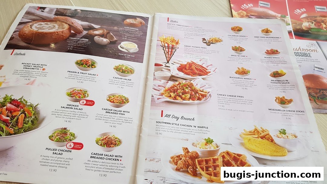 A Swensen's menu featuring salads, sides, brunch, and omelettes with enticing food photography.