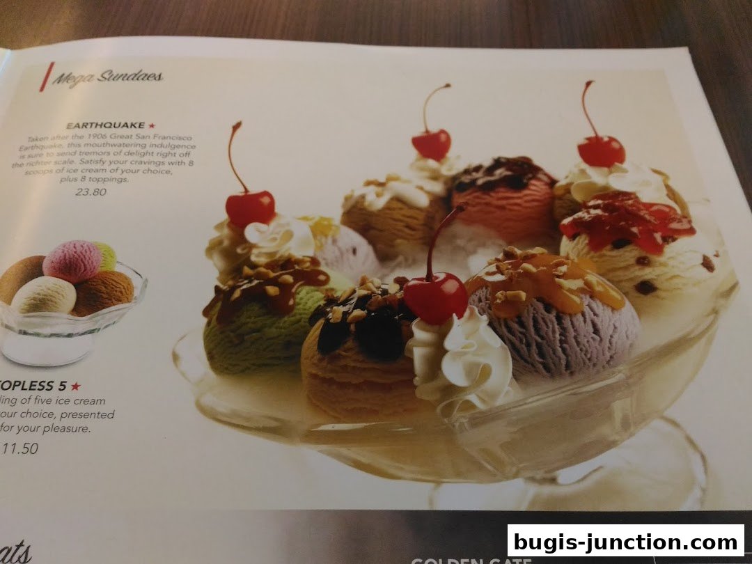 A menu page showcasing decadent ice cream sundaes with detailed descriptions and prices.