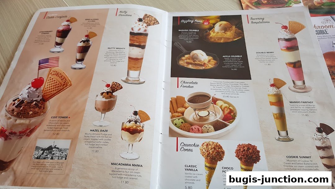A menu from Swensen's featuring various ice cream sundaes, cones, and a chocolate fondue.