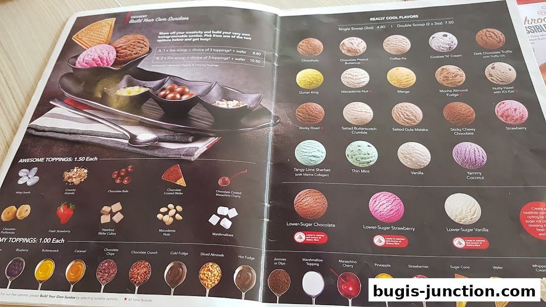 A menu showcasing Swensen's ice cream flavors, toppings, and build-your-own sundae options.