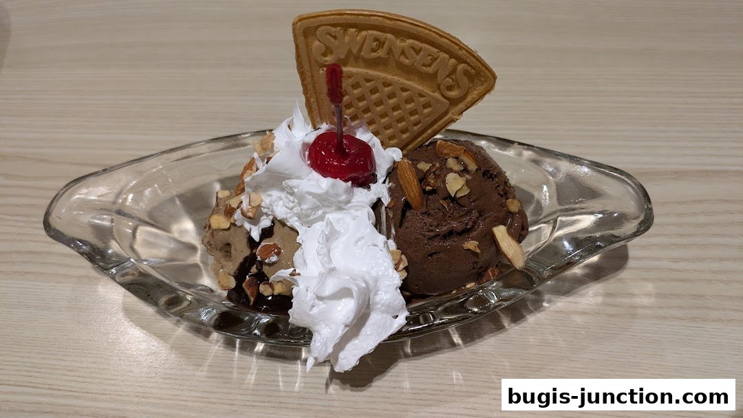 A delicious ice cream sundae with two scoops, whipped cream, nuts, and a cherry.