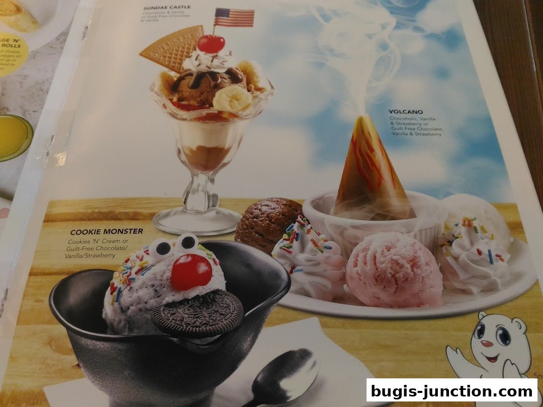 A menu page showcasing various ice cream desserts with colorful toppings and creative names.