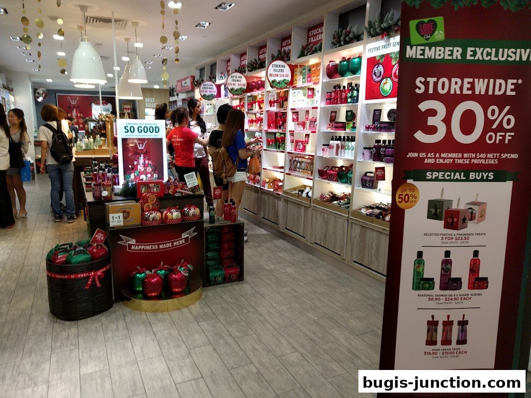 Interior view of The Body Shop with customers and promotional displays.