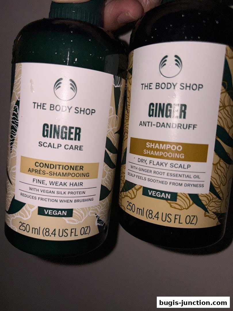 Two bottles of The Body Shop Ginger hair care products, a conditioner and a shampoo.