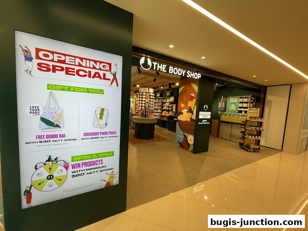The Body Shop storefront with an opening special promotion display.