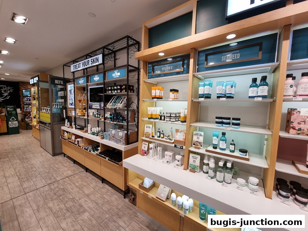 Interior view of The Body Shop, showcasing shelves stocked with skincare and body care products.