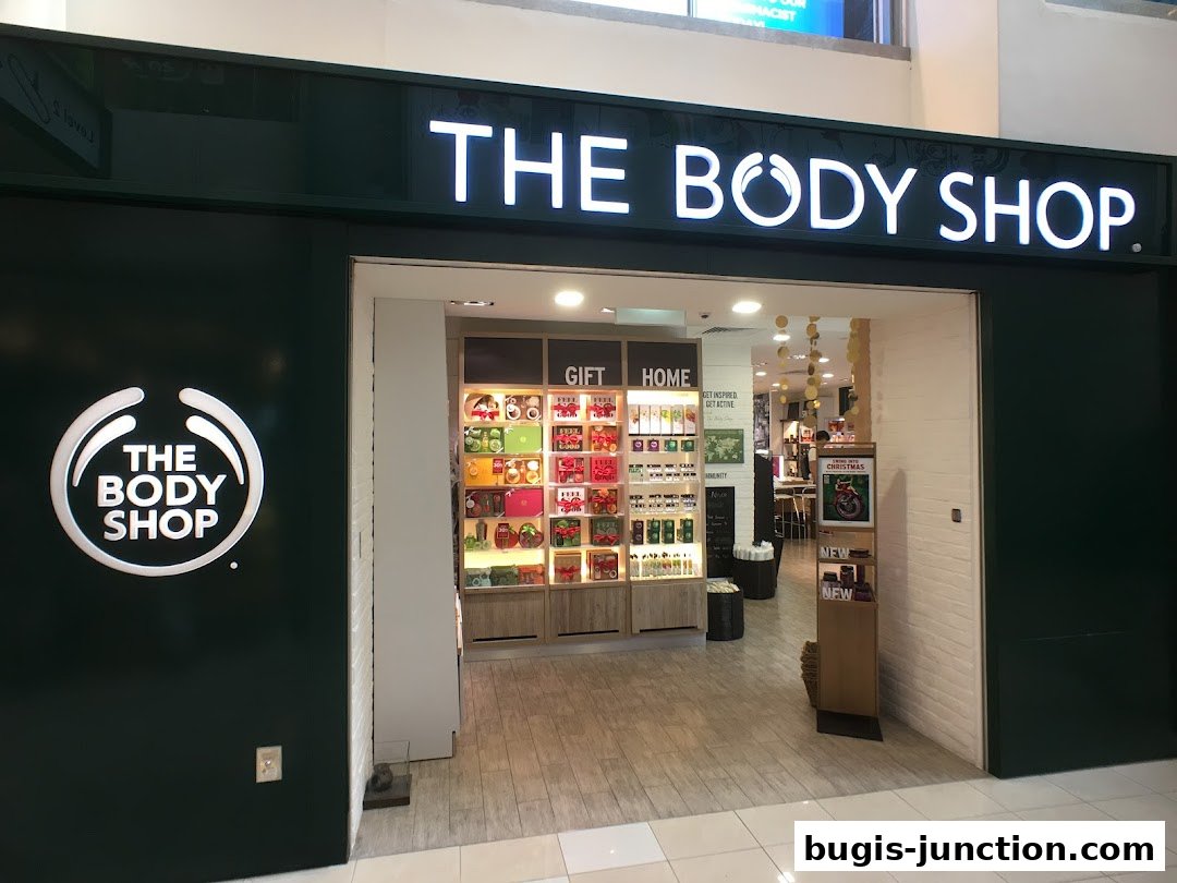 The entrance to The Body Shop, showcasing gift sets and home products.